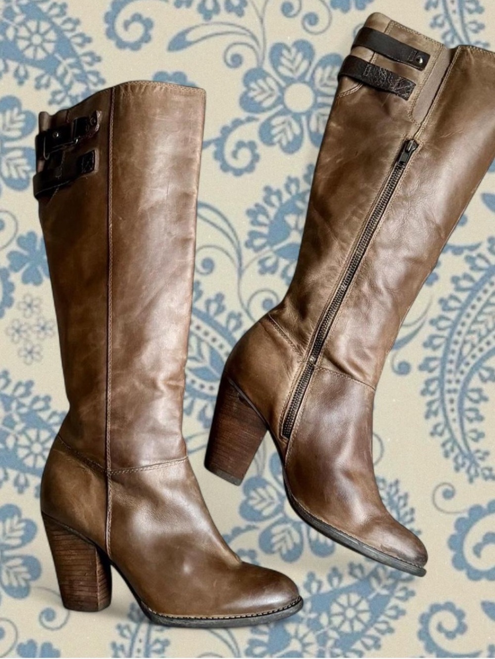 Brown Leather Knee High Block Heel Boots